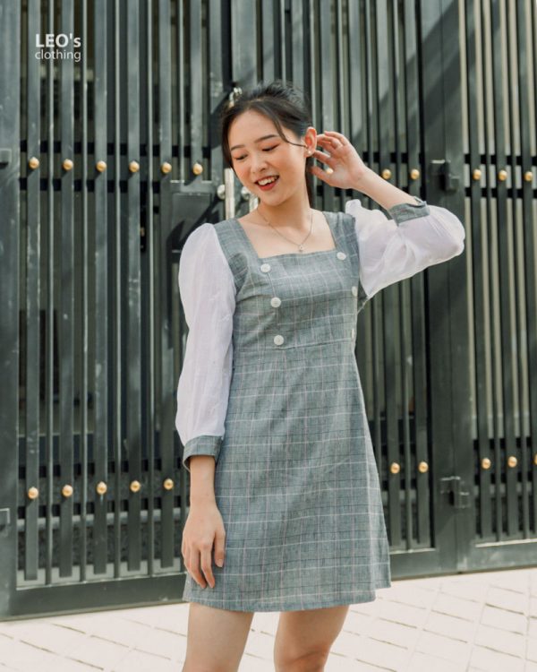 Đầm Cổ U Nút Tay Phối