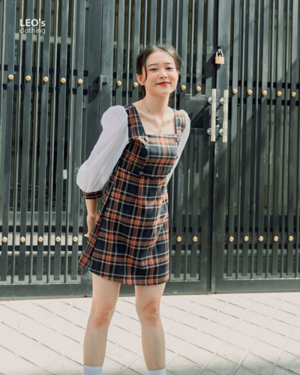 Đầm Cổ U Nút Tay Phối