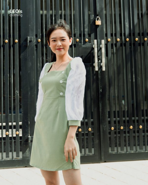 Đầm Cổ U Nút Tay Phối